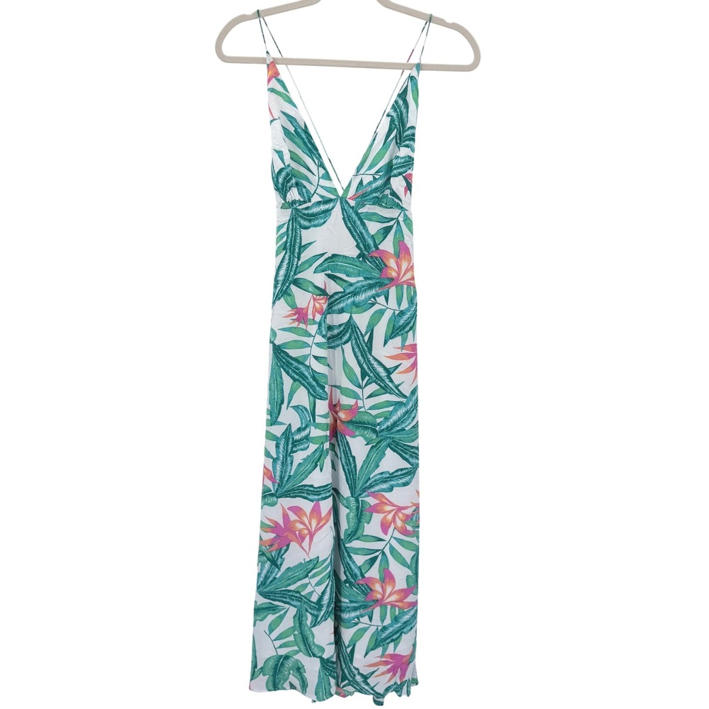 Minkpink Tropical Floral Palm Print Maxi Dress Open Back V-Neck Green Pink White